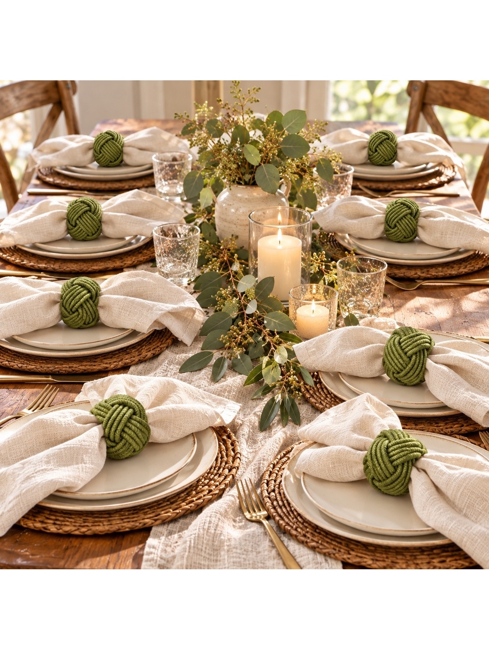 Vintage Olive Green Woven Knot Napkin Rings, Set of 8